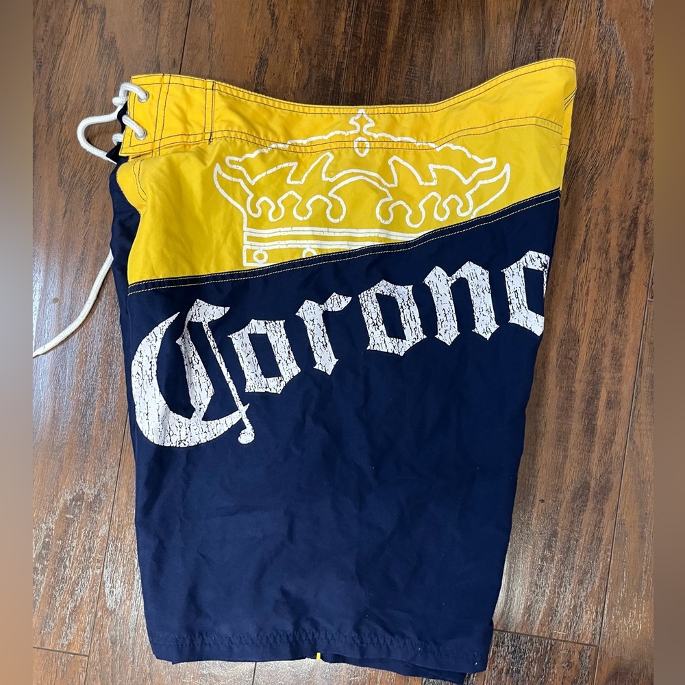 Corona Extra Board Shorts Mens Size 34 Blue Yellow Drawstring Pocket Side Beach